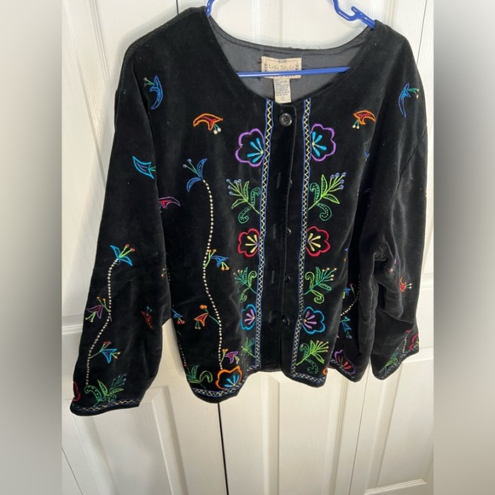 Life Style Vintage Velvet Button Up Jacket With Neon Floral Embroidery Women's L